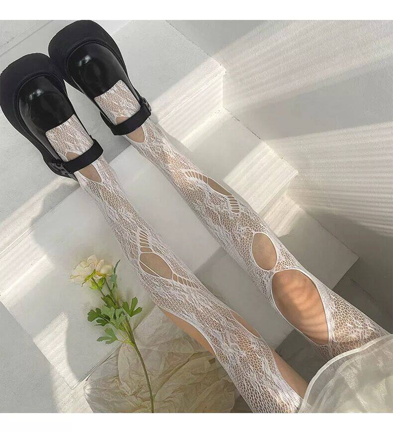 韩国原宿黑白镂空撕裂破洞网袜连裤袜千禧年y2k玫瑰花性感丝袜女