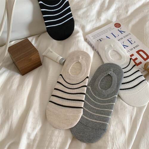条纹船袜女夏天薄款硅胶防滑不掉跟纯棉简约袜子女隐形学生短袜子