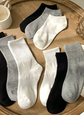 白色袜子女中筒袜春秋季棉袜ins潮黑色长袜情侣短袜纯色长筒男袜