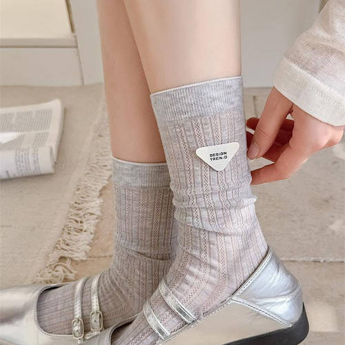 袜子女中筒袜手工饰品三角标字母春夏薄款长袜ins潮堆堆袜日系袜