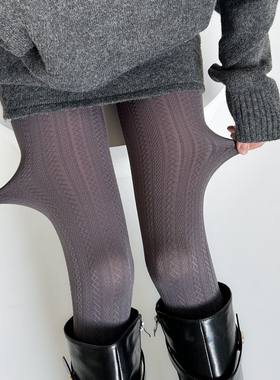 灰色连裤袜天鹅绒弹力显瘦复古菱格麻花竖纹春秋少女打底裤袜女