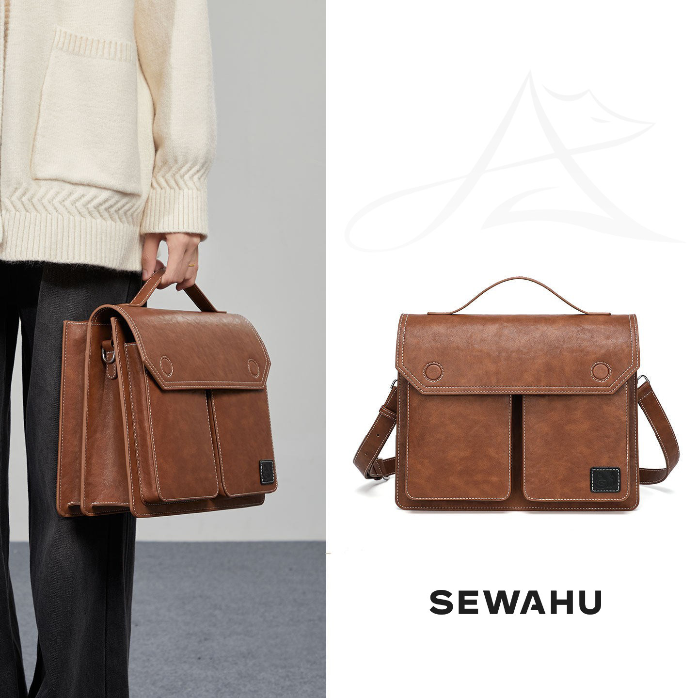 SEWAHU皮质邮差公文包女设计感小众手提单肩包日常通勤百搭斜挎包