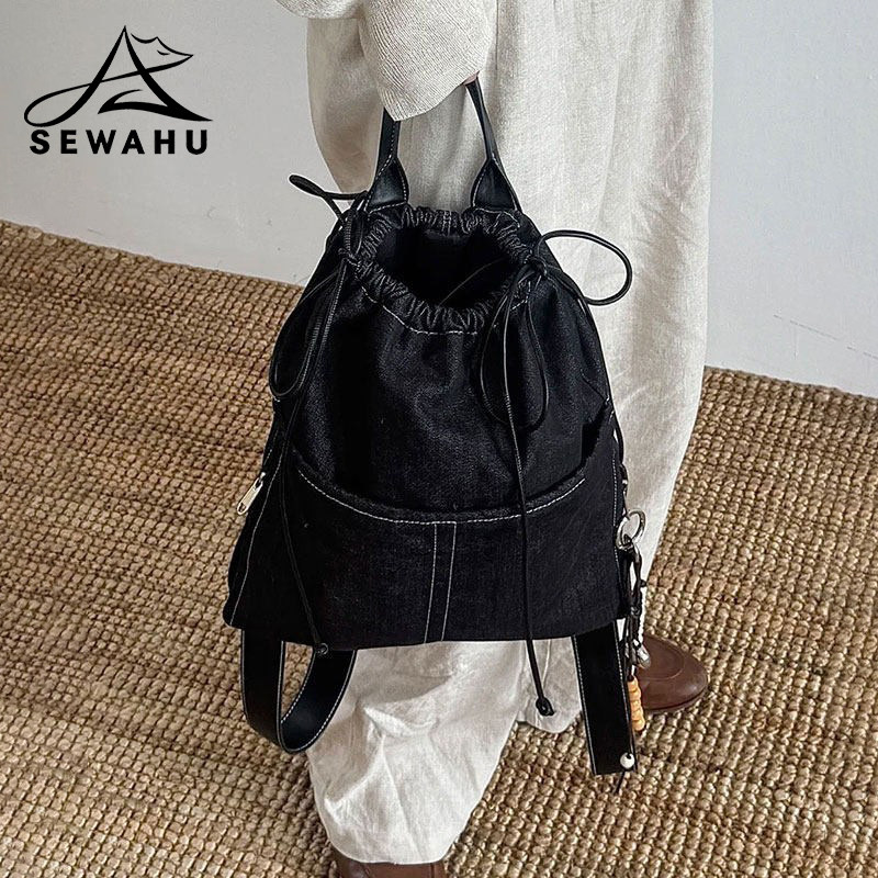 户外旅游轻便牛仔双肩包女2025新款小众时尚休闲男士通勤抽绳背包