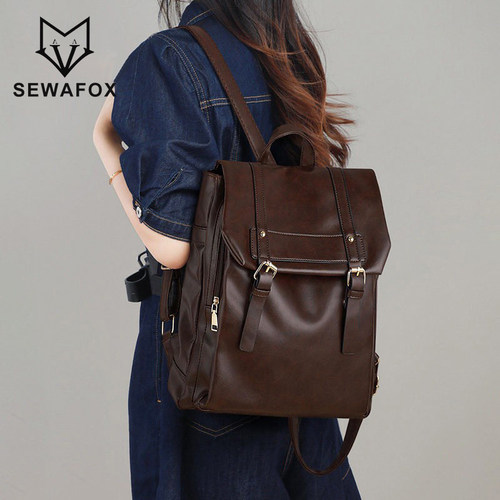 SEWAFOX双肩包小众皮质电脑背包