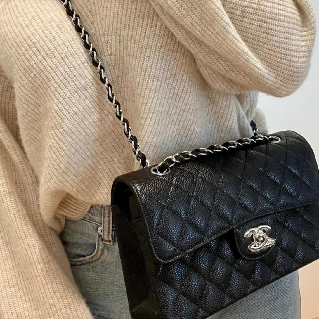 严选塔尖 小香风CF黑银鱼子酱牛皮羊皮托特斜挎单肩手提女包1013