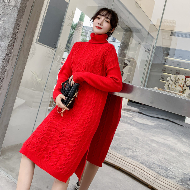 女裝秋冬新款大紅色高領毛衣女寬松外穿針織衫開叉長款過膝毛衣裙在類目 女裝/女士精品, 毛衣中 - 來自Buy2taobao.com提供專業的淘寶代購服務
