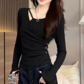 新款 修身 T恤时尚 春季 正肩收腰打底衫 女大码 设计显瘦洋气长袖 上衣