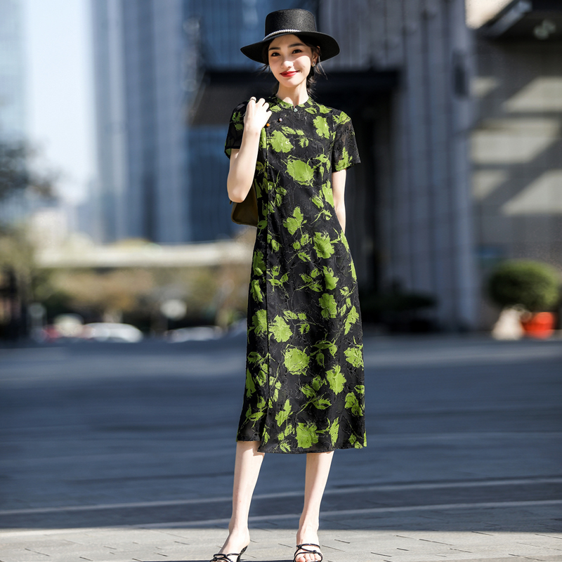 复古修身改良裙子聚酯纤维印花