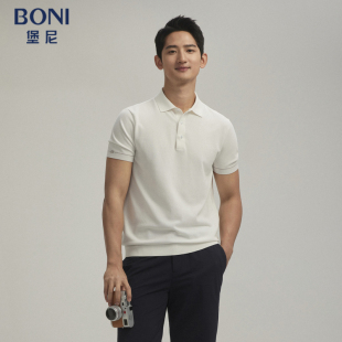BONI T恤LR111A44B 堡尼春夏休闲白色翻领横机棉混纺短袖