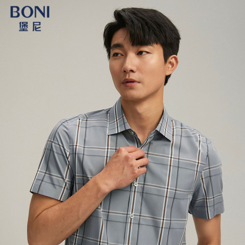 BONI/堡尼春夏新品方领格纹短袖衬衫商务休闲衬衣男GR386C31B