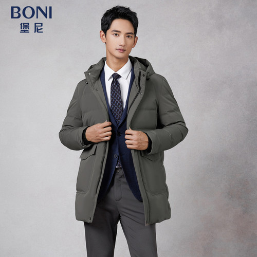堡尼秋冬新品商务净色鹅绒羽绒服中长款连帽休闲外套男EO836241B