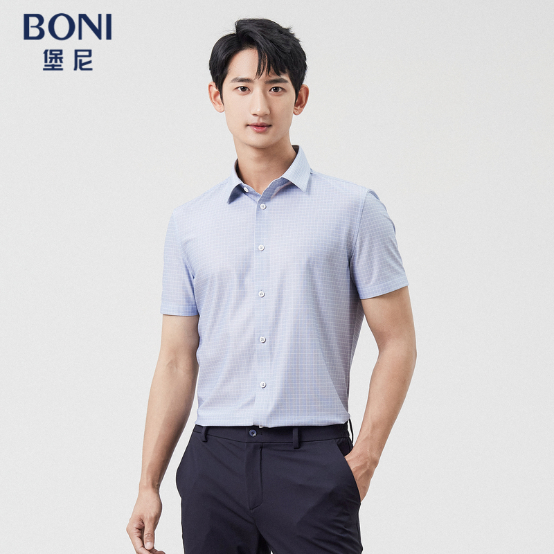 BONI/堡尼2023春夏新品商务格纹衬衣丝棉混纺短袖衬衫男GP369B81B