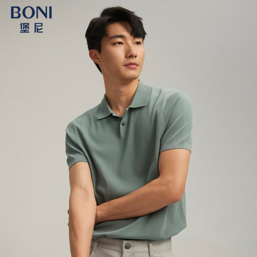BONI/堡尼24春夏新款休闲浅绿色翻领横机棉混纺短袖T恤LR244B11B