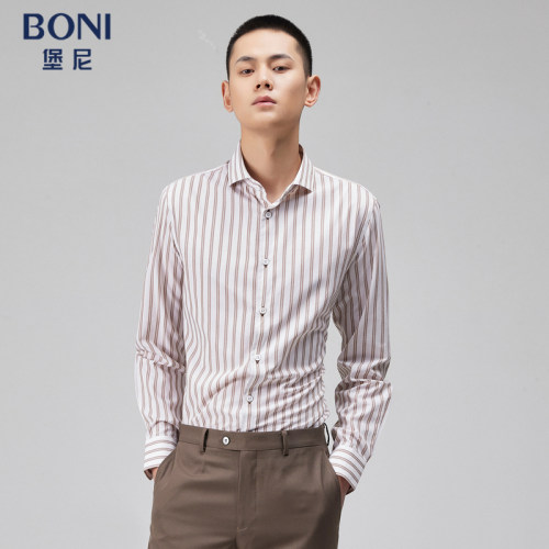 BONI/堡尼春夏新品商务长袖衬衫修身竖条纹男士休闲衬衣GL134191B