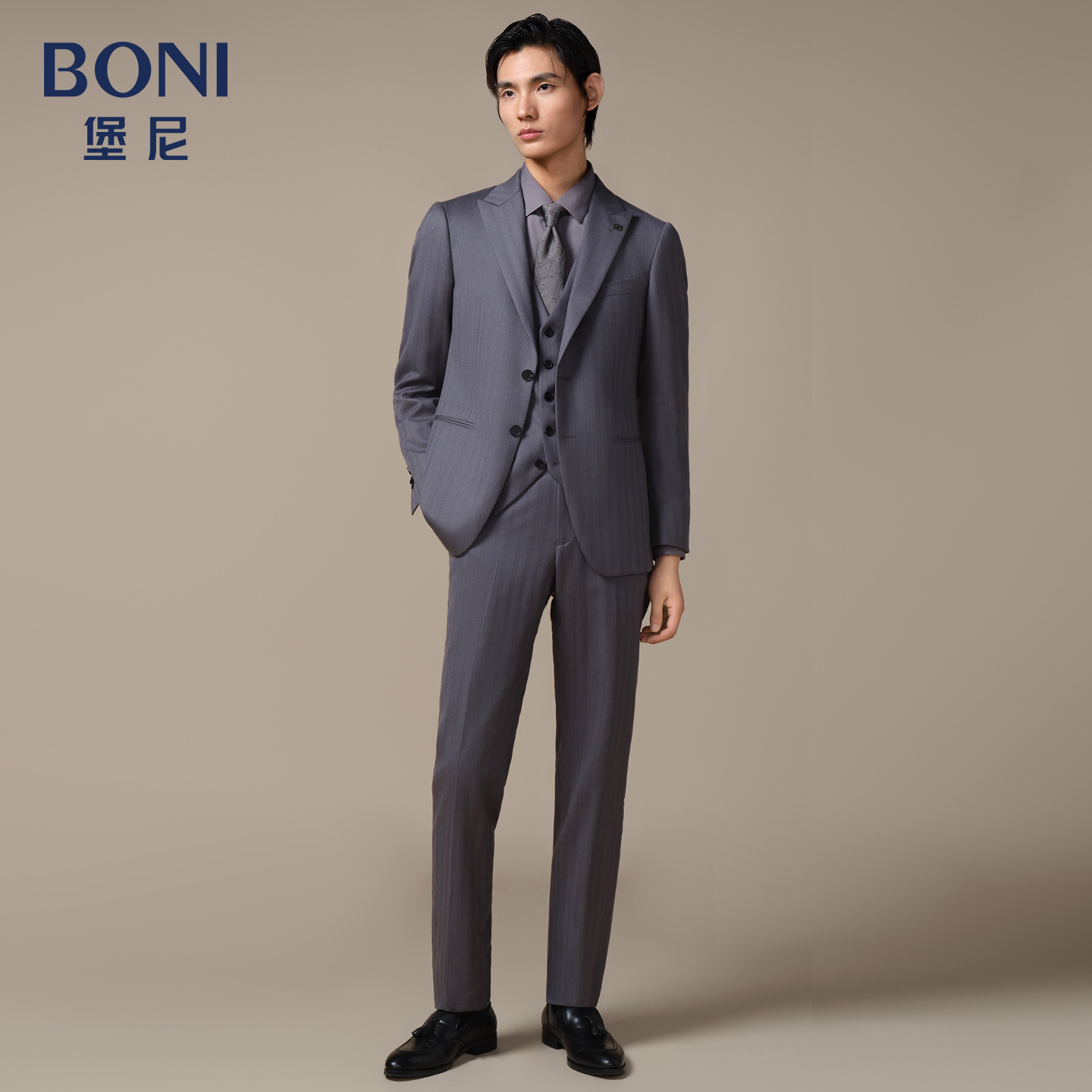 BONI/堡尼秋冬新品商务西服套装绵羊毛西装西裤条纹套西AS683161A