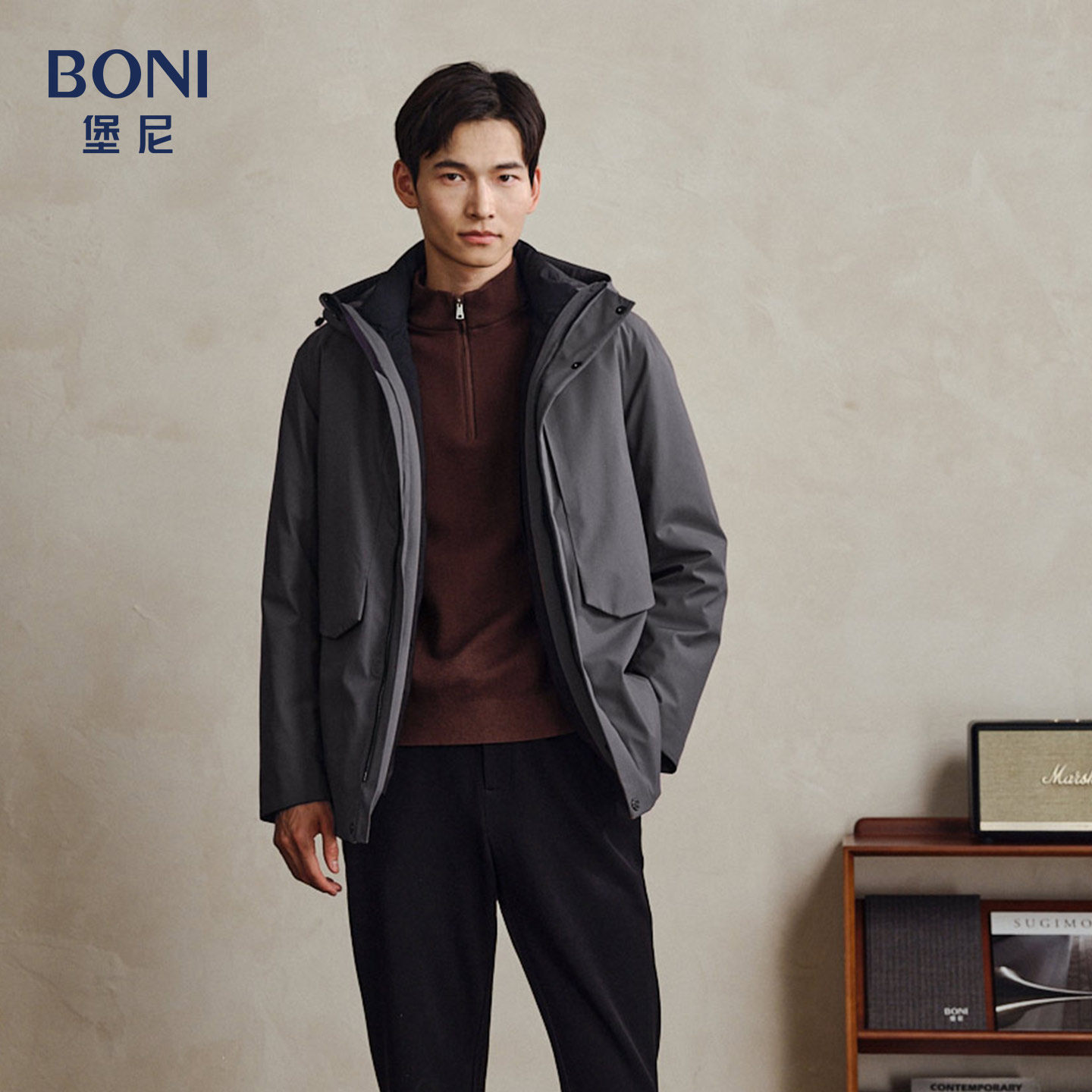 堡尼秋冬新品商务脱卸内胆羽绒服连帽休闲中长款外套男EU745201B