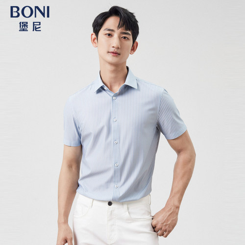 BONI/堡尼2023春夏新品商务条纹衬衣棉混纺休闲短袖衬衫GP343B71B