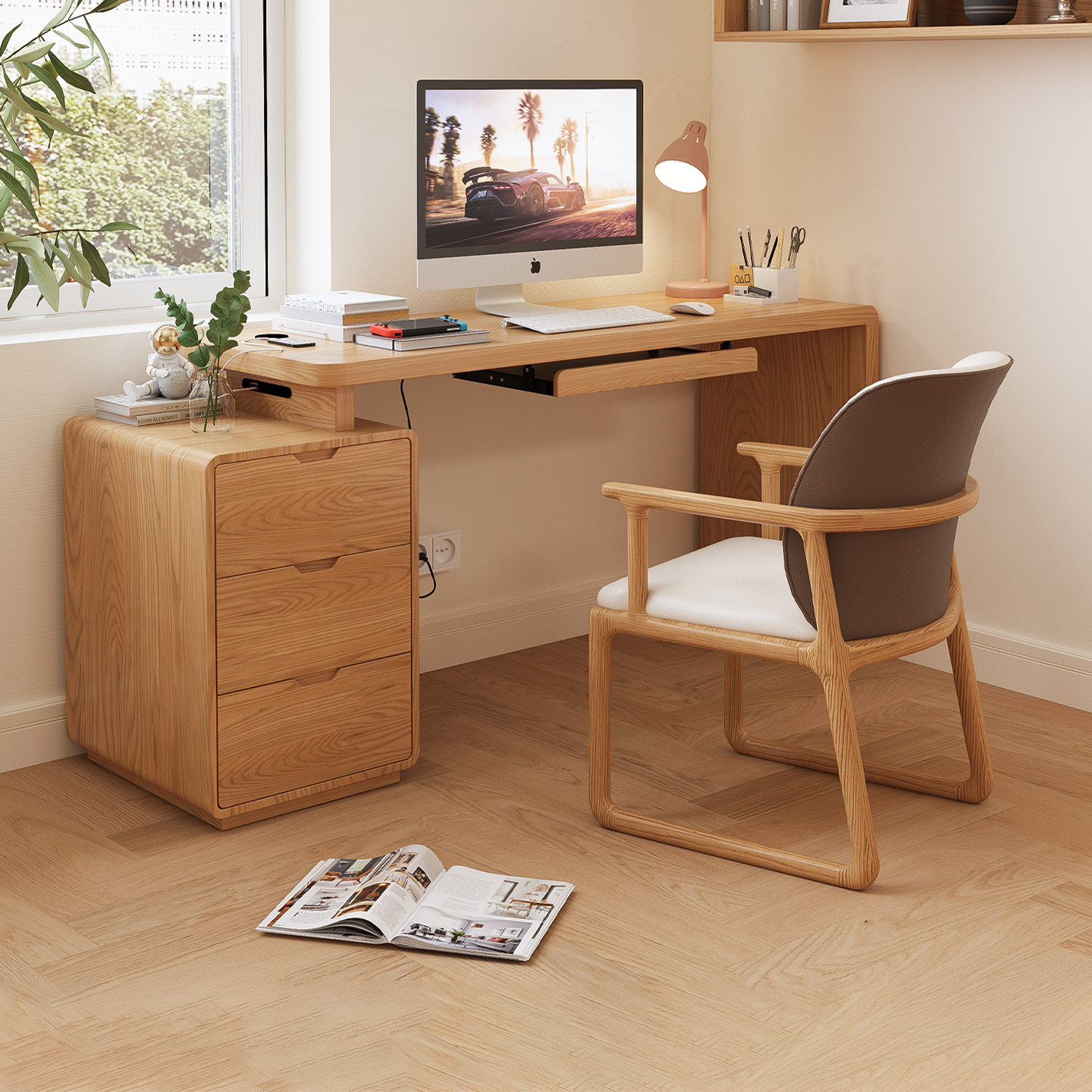 现代简约实木书桌实木桌柜一体小户型伸缩电脑桌家用卧室床头桌子