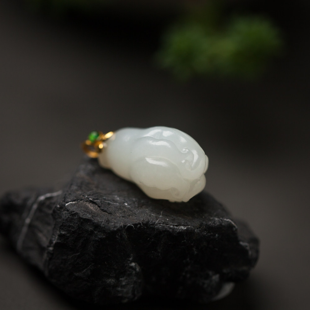 【佛手】和田玉籽料18k黄金镶嵌一级白极油润佛手精雕件玉佩挂坠