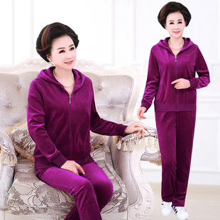 洋气妈妈金丝天鹅绒中老年运动服休闲套装女秋新款卫衣减龄两件套