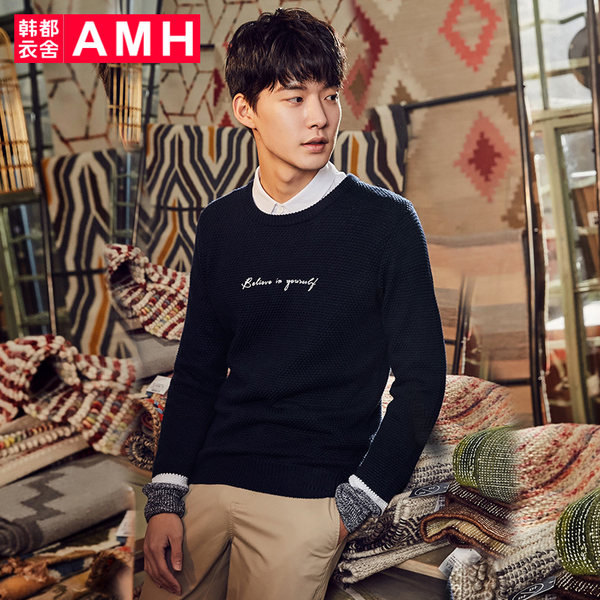 18年春季新款 韩都衣舍旗下 AMH 圆领拼接刺绣 男式针织毛衣 天猫优惠券折后￥69包邮（￥169-100）
