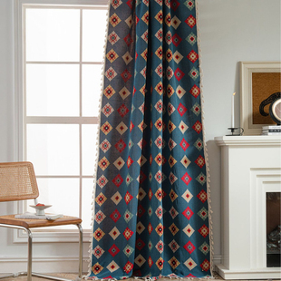 法式 复古民族风小窗厨房帘半遮光飘窗布 蓝色几何徽章提花窗帘美式