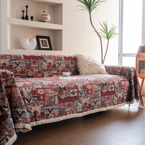 摩洛哥民族风彩色几何提花沙发巾