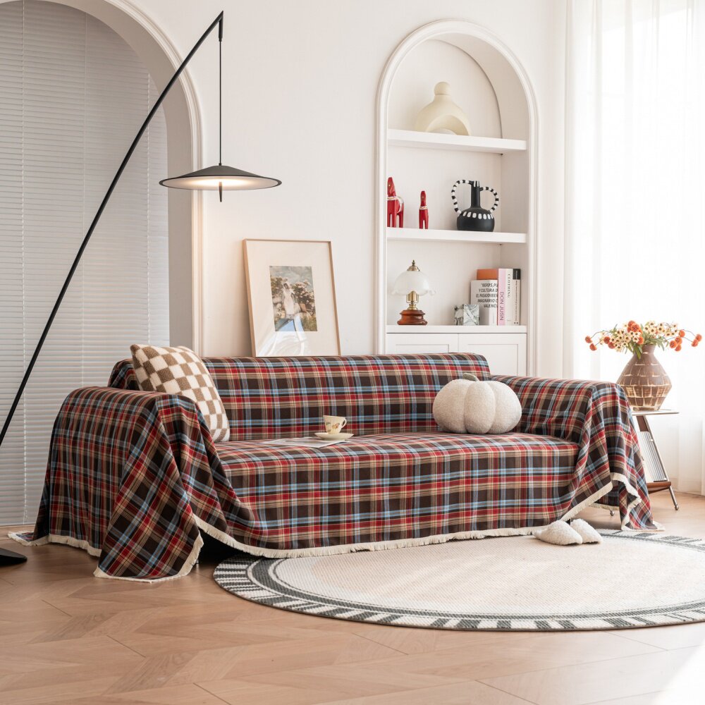 美式咖红沙发盖布格子布艺全盖沙发套罩双人沙发垫扶手巾四季通用