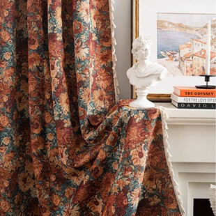 法式 窗帘成品提花橘色花朵流苏飘窗厨房帘半遮光古典油画感小窗帘