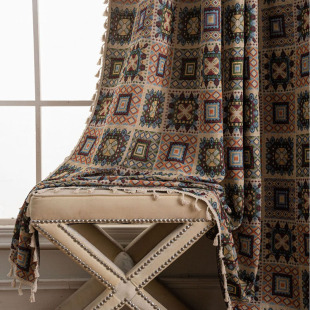 藏式 米色几何提花窗帘成品波西米亚民族风飘窗布加厚小窗挂帘 中式