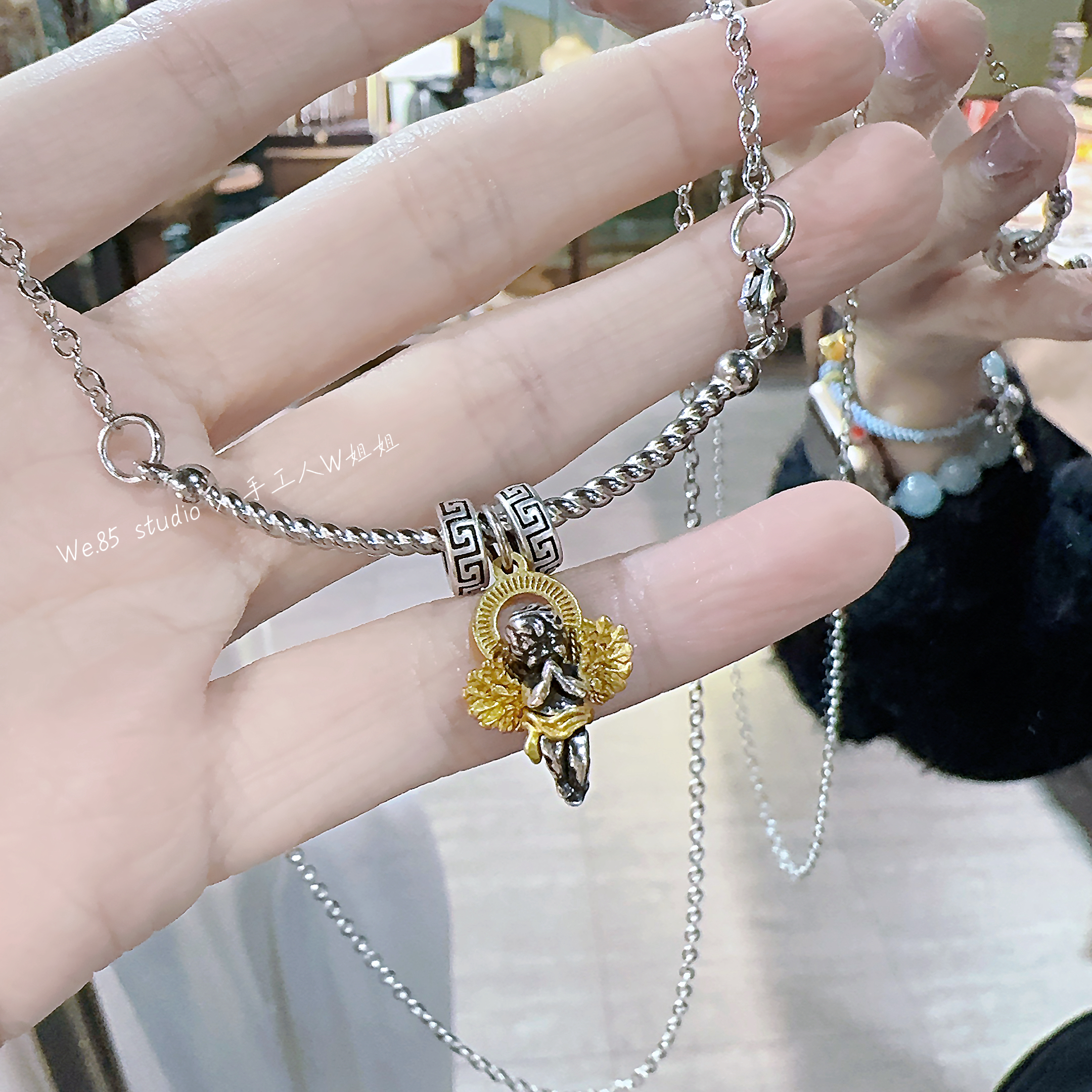 原创设计不撞款项链复古小天使做旧情侣吊坠ins项坠轻奢高级感