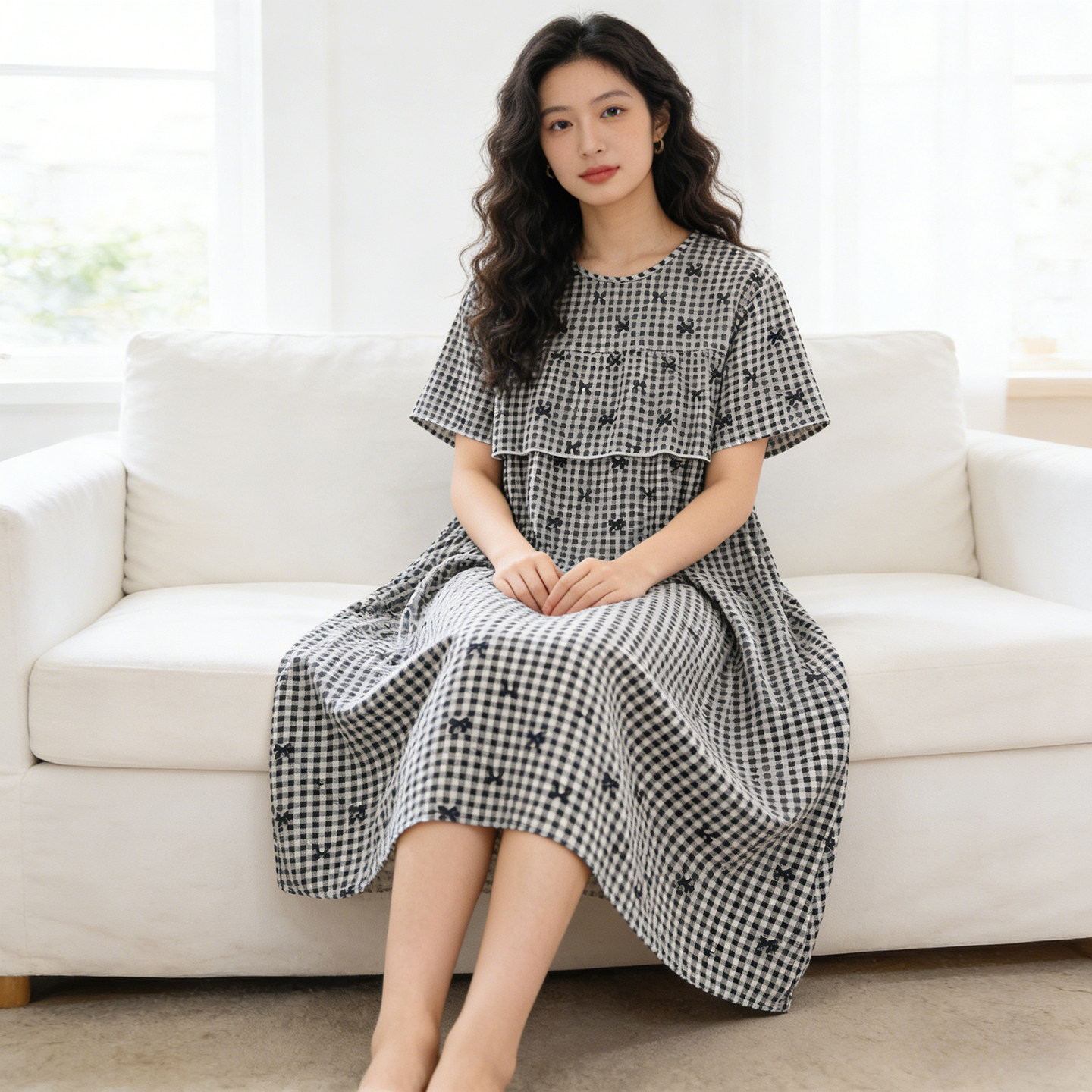 棉绸防凸点睡裙女士长款短袖大码宽松不带胸垫可外穿睡衣夏季薄款图片