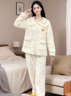 女士睡衣女法兰绒加绒加厚甜美冬季保暖家居服套装可外穿【Y91】