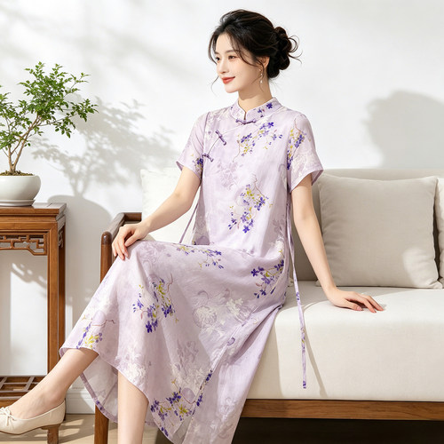 夏季新中式改良旗袍长款复古国风妈妈气质显瘦棉绸连衣裙日常可穿