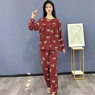 国风家居服套装 棉绸睡衣女春夏红色蝴蝶结印花新中式 人造棉Y158