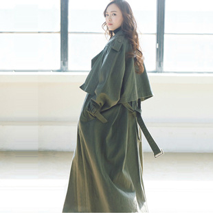 明星同款长款风衣女过膝韩版2021春季新款军绿色休闲大码外套宽松