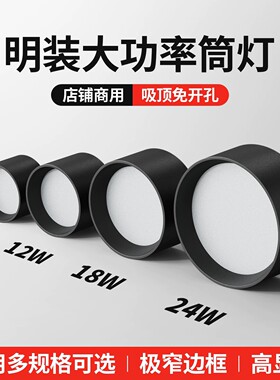 大功率明装筒灯圆形led店铺商用黑色免开孔吸顶灯入户走廊天花灯