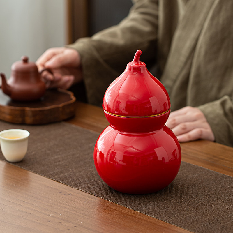 高档陶瓷茶叶罐密封罐精品创意葫芦储存罐散茶红茶绿茶存茶罐摆件