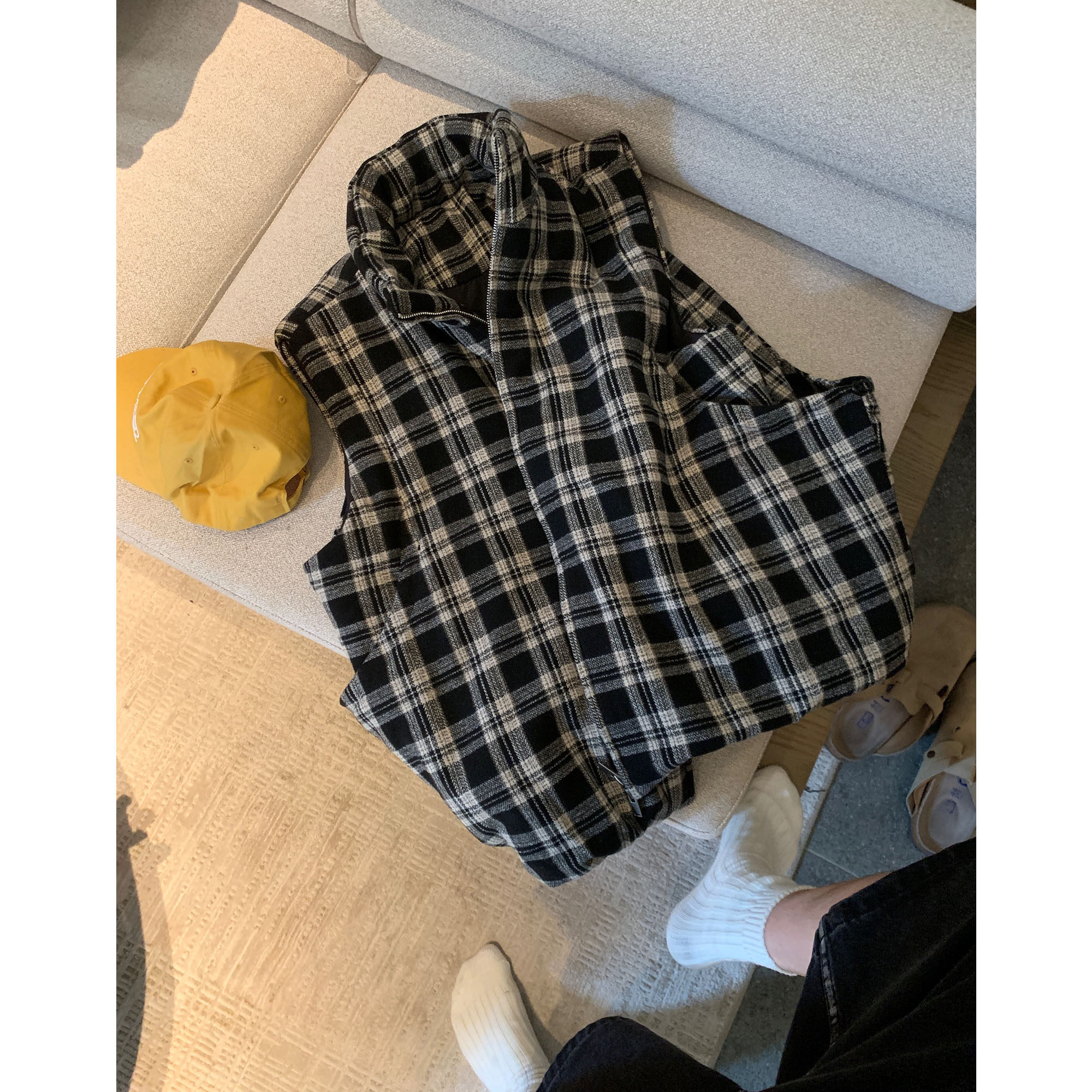 晨树 黑灰格/羊毛复古氛围感毛呢棉马甲/大口袋设计款/冬季马甲