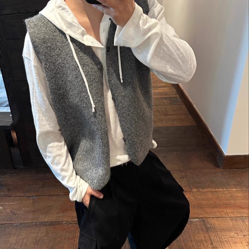 晨树  深灰/深咖/羊毛质感法兰绒针织马甲/混搭风格秋冬毛衣/短款