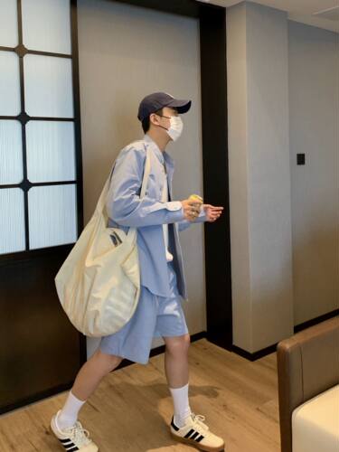 新中式长袖短裤套装纯色长袖衬衫