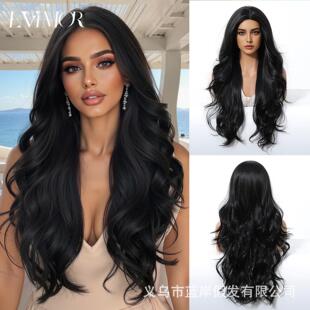 长卷发假发女全头套欧美风中分黑色化纤发wigs 新款