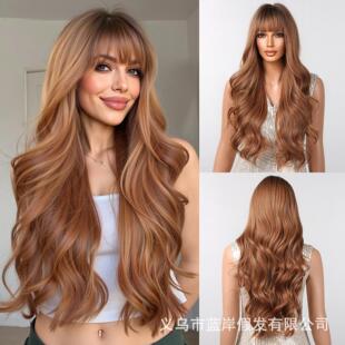 假发女全头套齐刘海金棕色大波浪长卷发化纤假发套wigs 欧美风新品