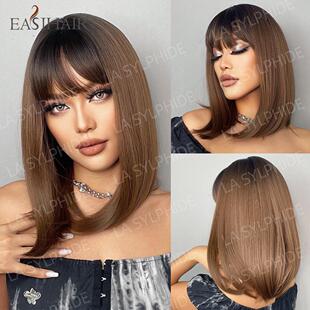 Long Bang Hair Wigs with Straight Wig Bob Synthetic Brown