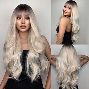 机制化纤头套wigs 欧美假发女hair齐刘海长卷发渐变白金色新品