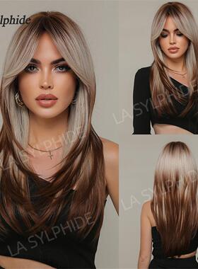 亚马逊爆款八字刘海长直发层次橙色玫瑰网全头套机制多色化纤假发