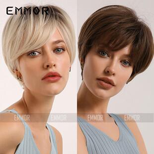 黑色渐变金色直发短发化纤女士假发 Emmor亚马逊外贸欧美假发wigs