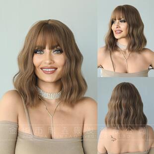 欧美风奶茶棕齐刘海女士假发发套整顶齐肩短卷发wigs机制头套hair