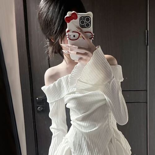 Selena赛琳娜秋装新款芭蕾风辣妹设计感一字肩上衣甜美风半裙套装