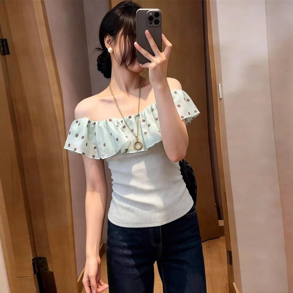 夏季温柔甜美荷叶领T恤女豆绿色T恤